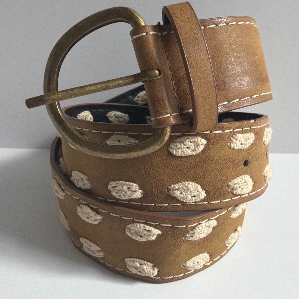 Boho Tan Faux Leather Crochet Polka Dot Wide Belt Brass Buckle Brown Cream